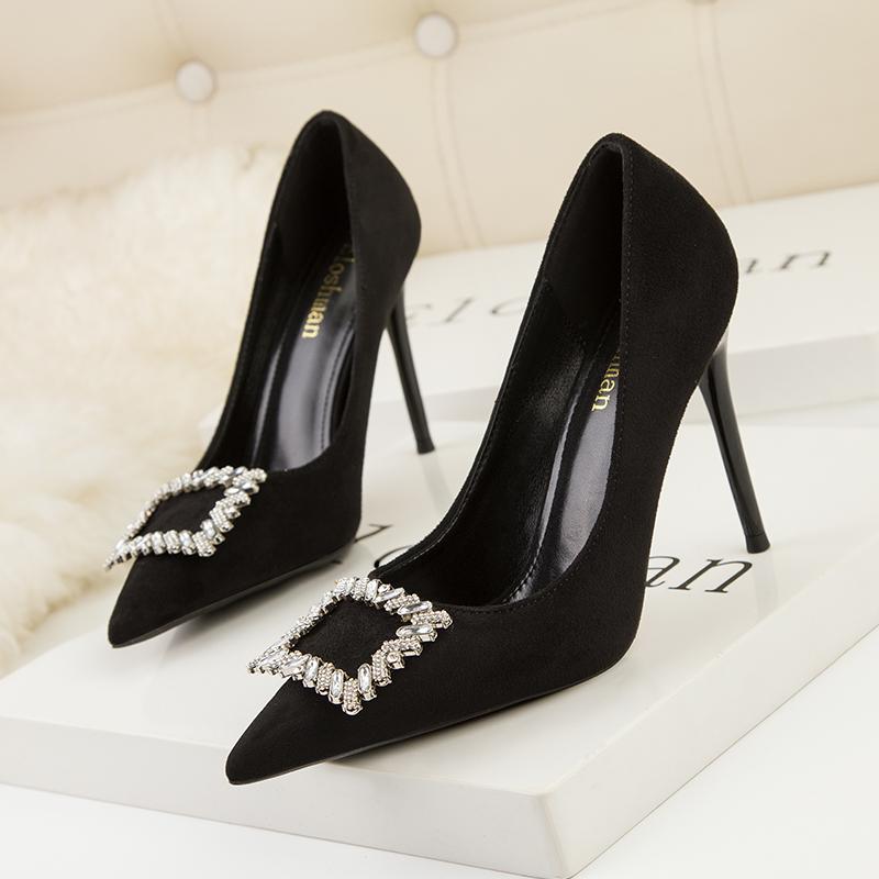 Fashion Apricot High Heels for Women 9.5cm Flock Pumps Crystal Buckle Stiletto Wedding Bridal Scarpins Sexy Lady Footwear