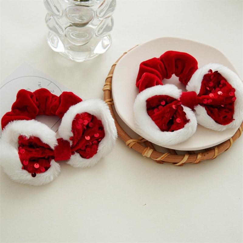 Christmas Scrunchies Velvets Bows Festive Hair Accessories Sparkling Sequins Hair Ties Rabbit Ears Shapes Hairbands