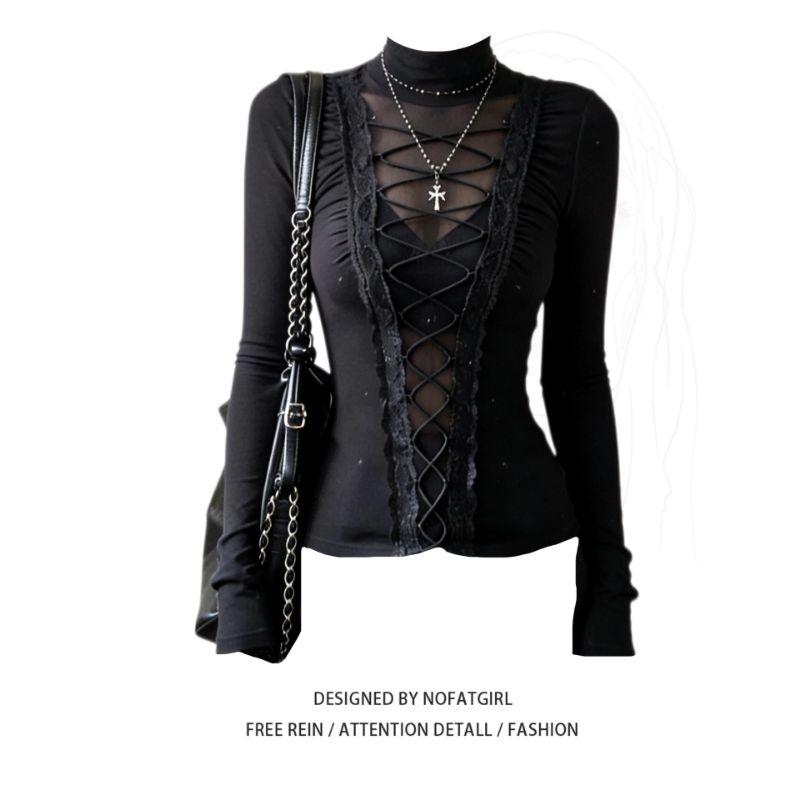 

Plus-Size Lace Patchwork Tie-Up Long-Sleeve T-Shirt for Women, Autumn and Winter Design, Stylish Base Shirt Top Black 3XL [Recommended 80-90kg]
