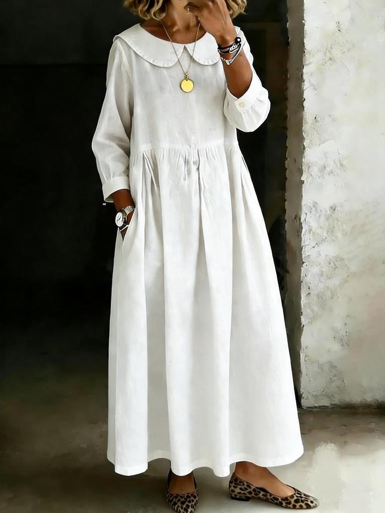 European and American Style Plus Size Denim Dress with Doll Collar and Long Sleeves