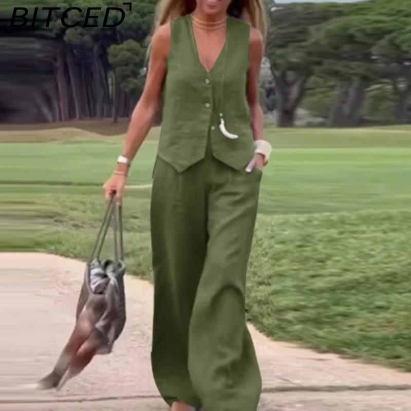 BITCED Casual and Fashionable Solid-color Set of Waistcoat and Long Pants Collage and Patchwork Two-piece Set