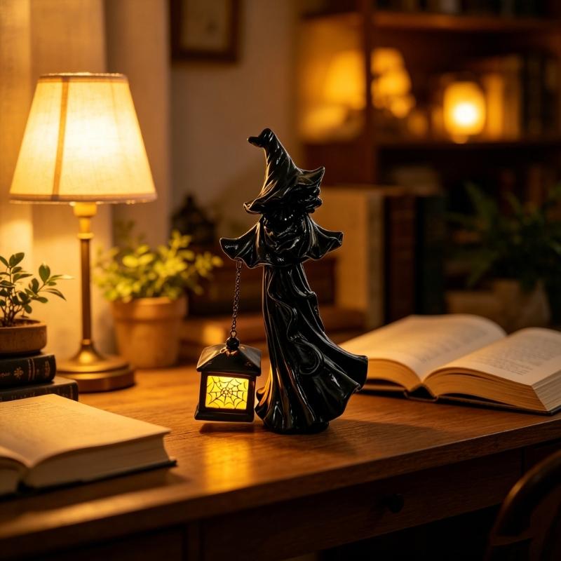 Witches Lamp Gothics Decors,Witches Table Lamp with LED Lantern,Unique Night Lights for Bedroom Desk Halloween Home Decors
