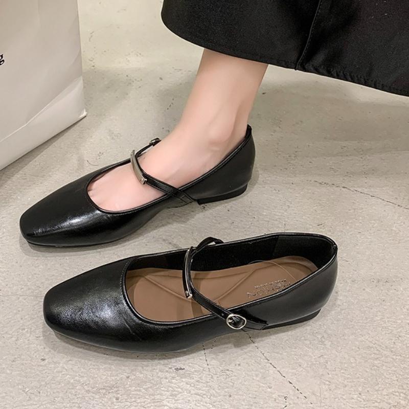 Fashion Mary Jane Shoes Female High Quality Leather Buckle Ballet Shoes for Women Square Toe Flat Cowhide Ladies Single Shoes 2025