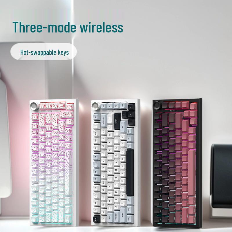Custom Three-Mode Mechanical Keyboard: Wireless Bluetooth, Gaming & E-Sports with Side-Engraved Keycaps, Tri-Color Design & Control Knob.