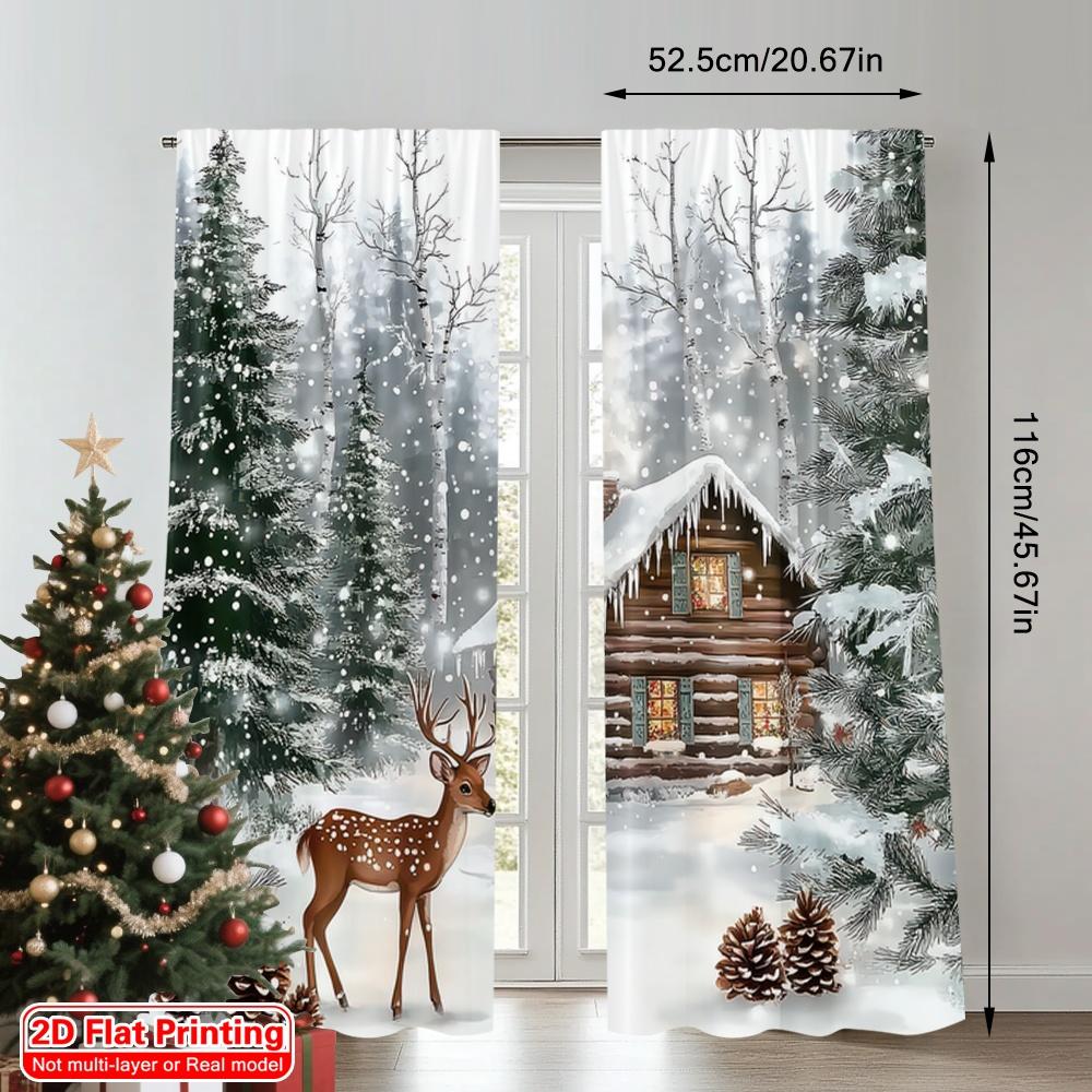 2D Flat Printing 2pcs Christmas Curtains Winter Forest and Deer Christmas Versatile Polyester Without Electricity Versatile Use