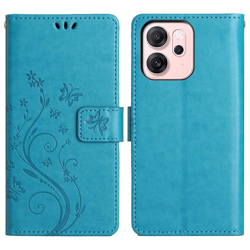 For Oppo Reno14 F 5G Leather Wallet Case Butterfly Flower Imprinted Phone Cover with Strap