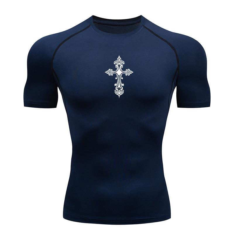 Cross Print Compression Shirts for Men Athletic Quick Dry Tshirt Tees Tops Gym Workout Running Rash Guard Baselayers Undershirts
