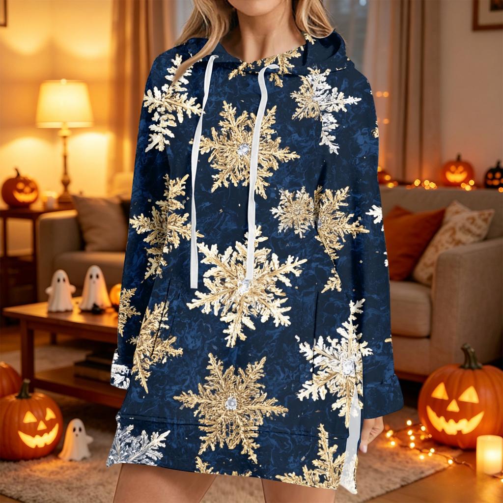 Women's Christmas Print Long Sleeve Hooded Sweatshirt with Festive Holiday Design