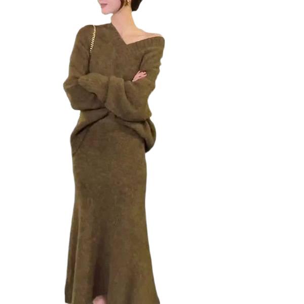 Early Autumn Retro V-neck Sweater Set & Fishtail Midi Skirt for Women