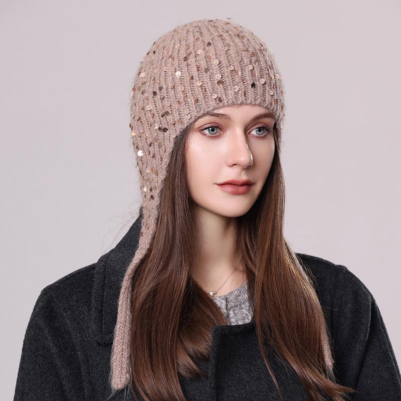 

Ladies Sequined Rabbit Fur Knitted Hat Winter Warm Versatile Wool Hat Fashion Tether Ear Protector Pullover Hat one size