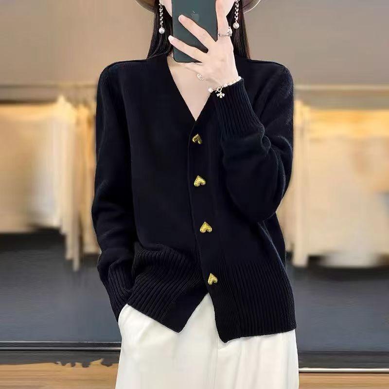 

Women s clothing autumn and winter new solid color long-sleeved V-neck knitted cardigan love solid color sweater jacket women One size