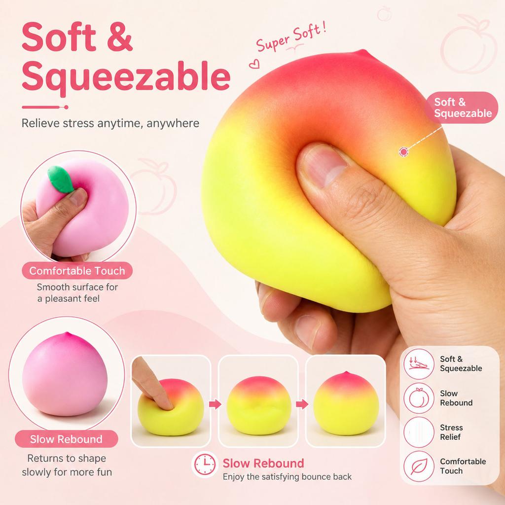 Peach Shaped Stress Relief Toy Soft Squishy Squeeze Ball with Independent OPP Packaging Durable Material for Sensory Play and Anxiety Reduction