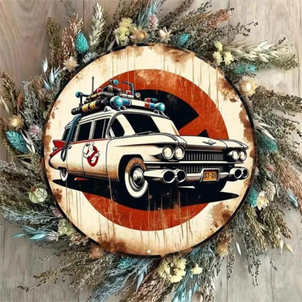 Cartello in Latta Metallica Vintage Ghostbusters Ecto 1 Tondo Impermeabile Decorazione Murale Pre-forato Bar di Casa Regalo Retrò