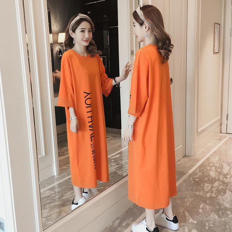 Damen-Kleid in Übergröße, lang, locker, lässig, lang, knielang, Umstandsmode, kurzärmelig, T-Shirt-Kleid 3XL orange