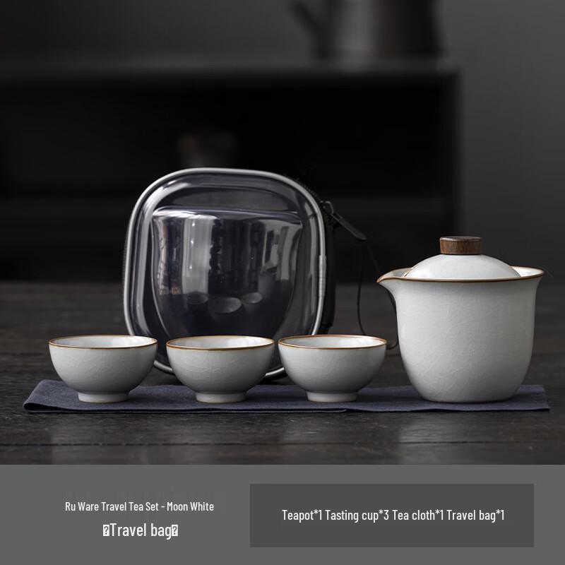 Ru Kiln Portable Travel Tea Set 1 Pot, 3 Cups, Tea Towel & Portable Bag