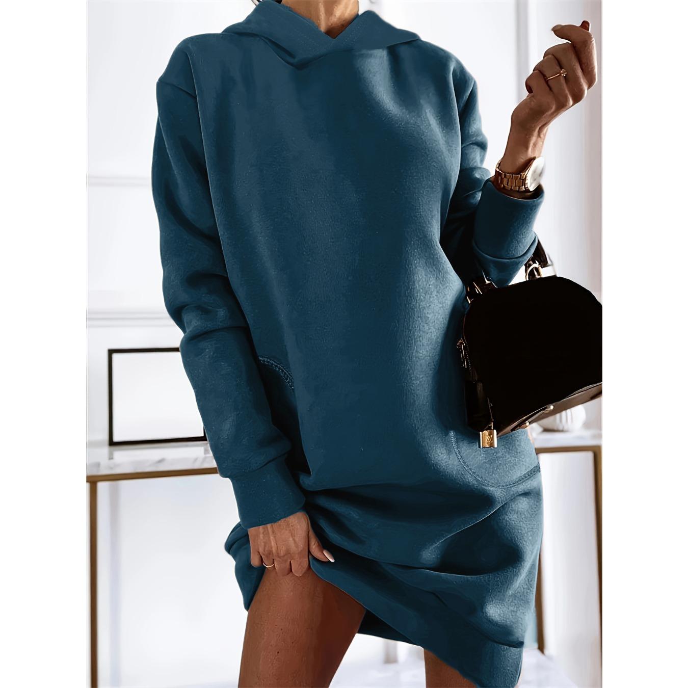 

GMXIA осень-зима женское хипстерское платье с капюшоном и длинными рукавами, однотонное женское платье XXXL синий