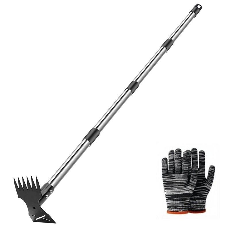A25F-Stand Up Weeder Puller Tool Set With Dual Head Adjustable Metal Long Handle For Garden Lawn Yard With Work Gloves