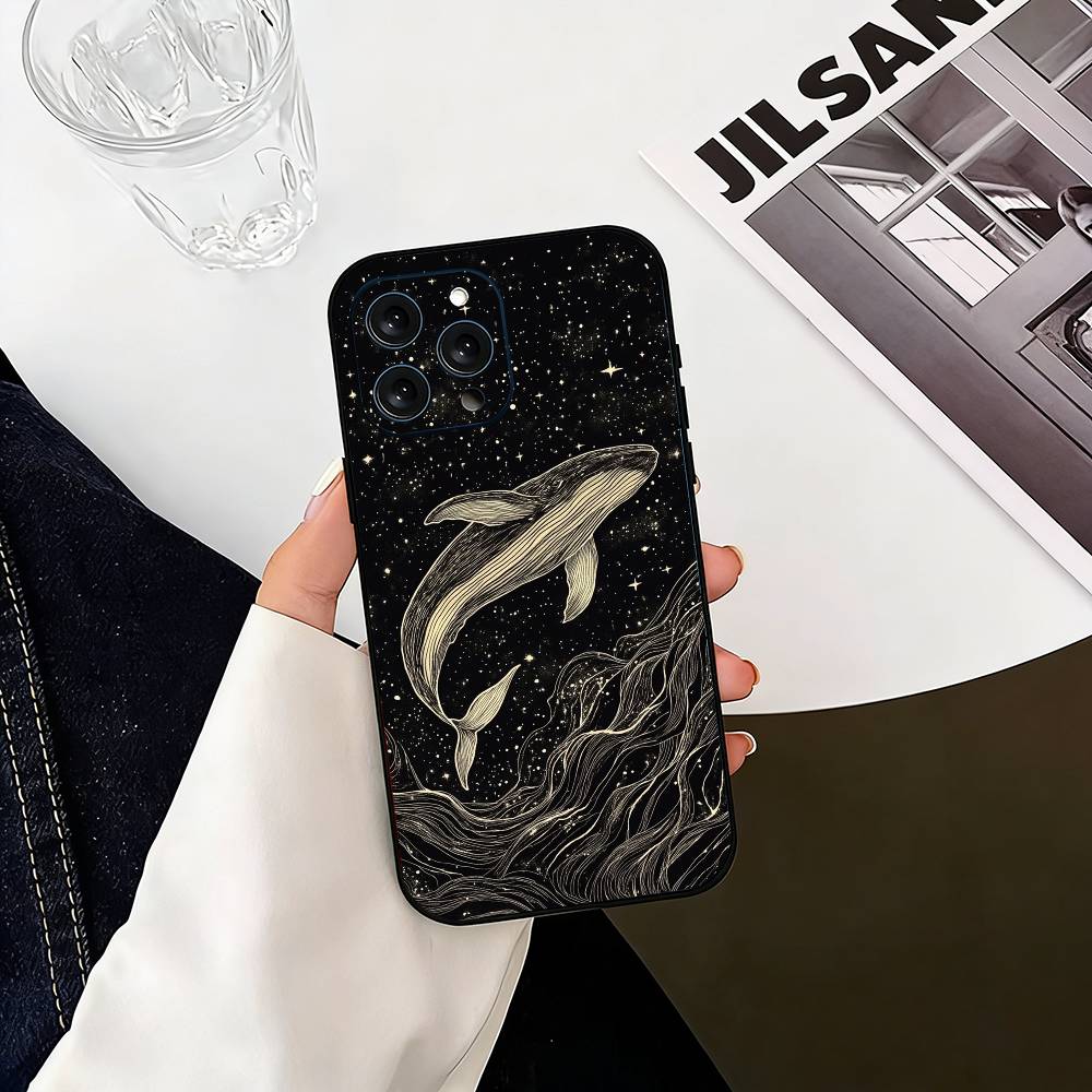 Line W-Whale Phone Case For iPhone 17, 16,15,14,13,12,11 Plus,Pro Max, Others Soft Black Cover