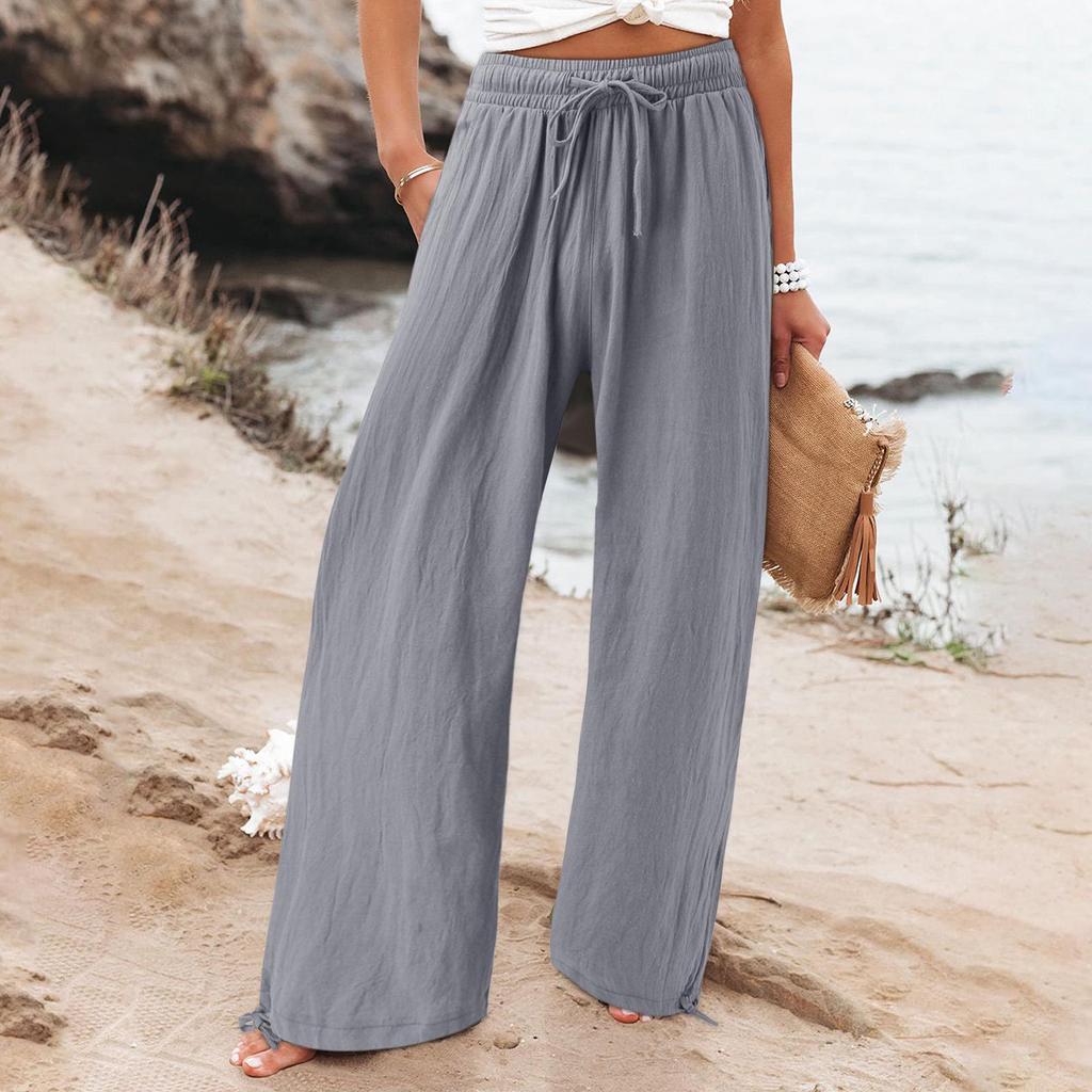 Bohemian Solid Color Drawstring Beach Pants - New Loose Casual Trousers