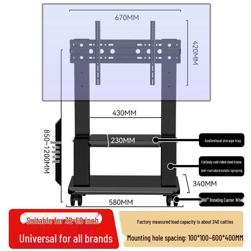 Mobile TV Stand with Wheels - Vertical and Universal Floor Bracket