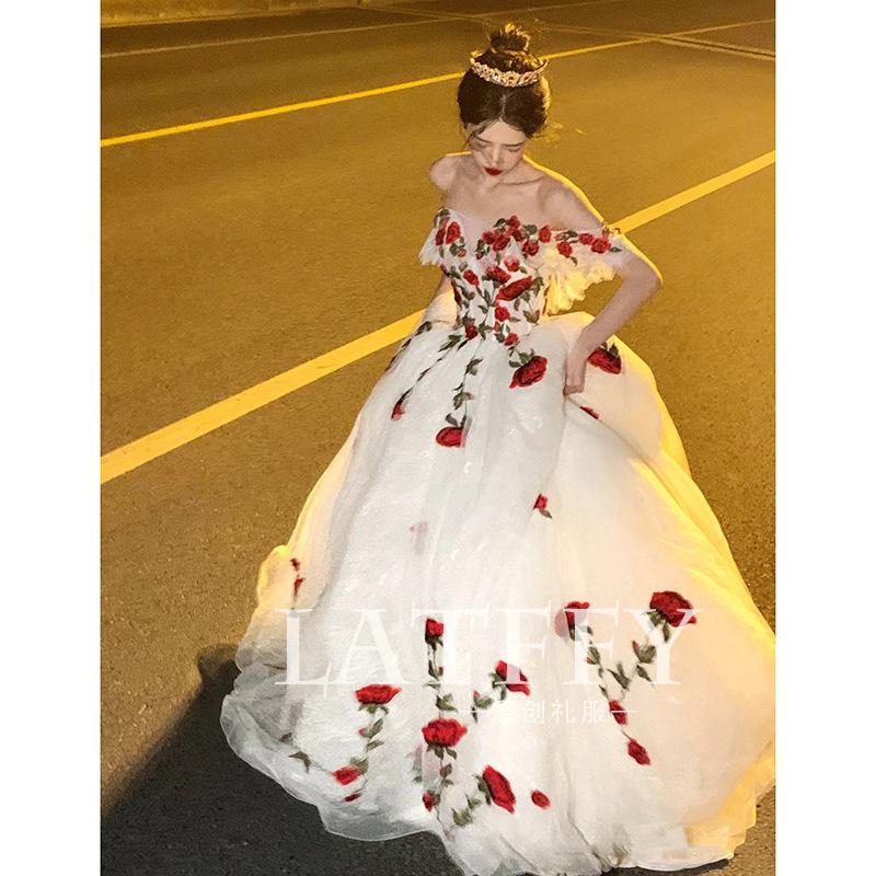 Rose Engagement Evening Dress Dress Women's High-end Light Luxury Niche Art Test Solo Birthday Princess Dress Bride Going Out Wedding Dress
