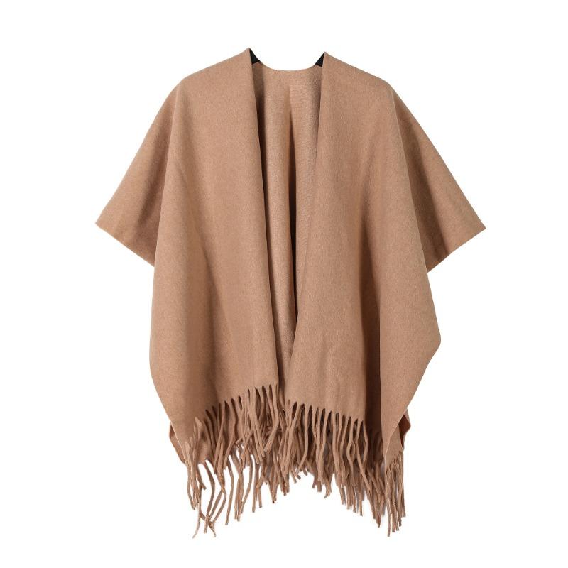 Solid Black Tassel Hem Open Front Poncho Cape Soft Faux Cashmere Wrap Shawl