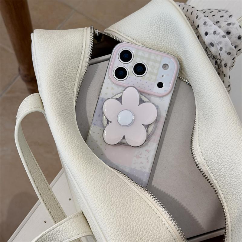 Kawaii Pastel Patchwork Floral Magnetic Phone Case With Flower Pop Socket For iPhone 15 16 17 Pro Max INS Cute Shockproof Cover