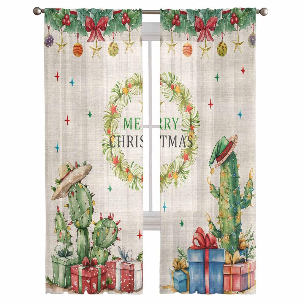 Christmas Winter Plant Bow Curtains For Living Room Bedroom Home Decoration Window Voile Tulle Curtain Drapes