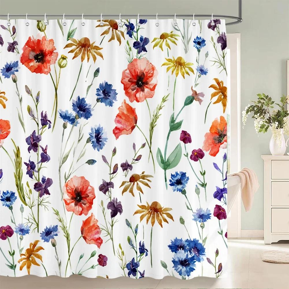 Flower Shower Curtain Bathroom Waterproof Polyester Shower Curtain Floral Printing Curtains for Bathroom Shower with Hooks