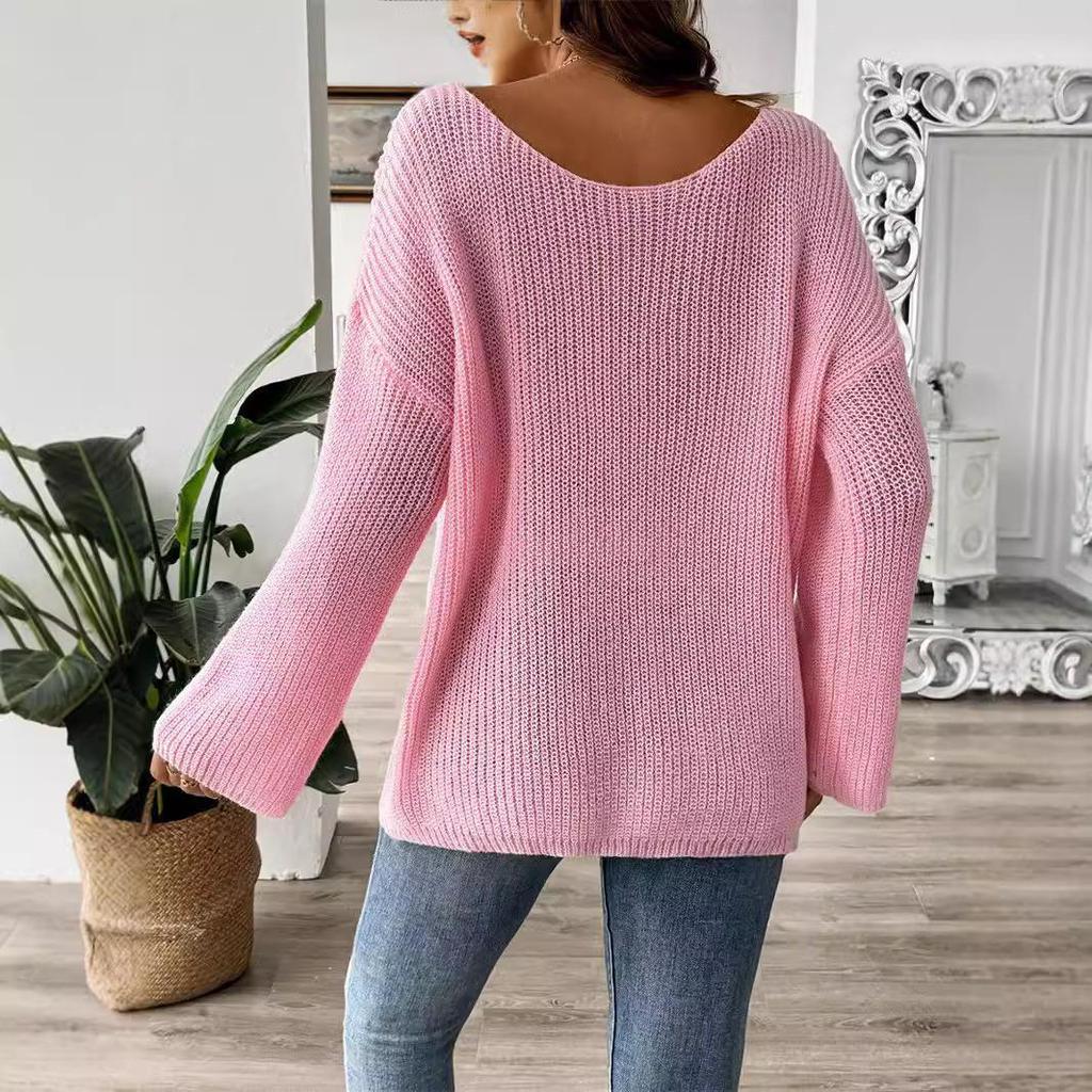Women's European & American Bow Embroidery Pullover Sweater with Loose Micro-flared Sleeves