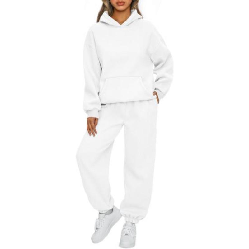 2 pezzi/set da donna, top sportivo, pantaloni, set con cappuccio, manica lunga, colore puro, felpa con cappuccio