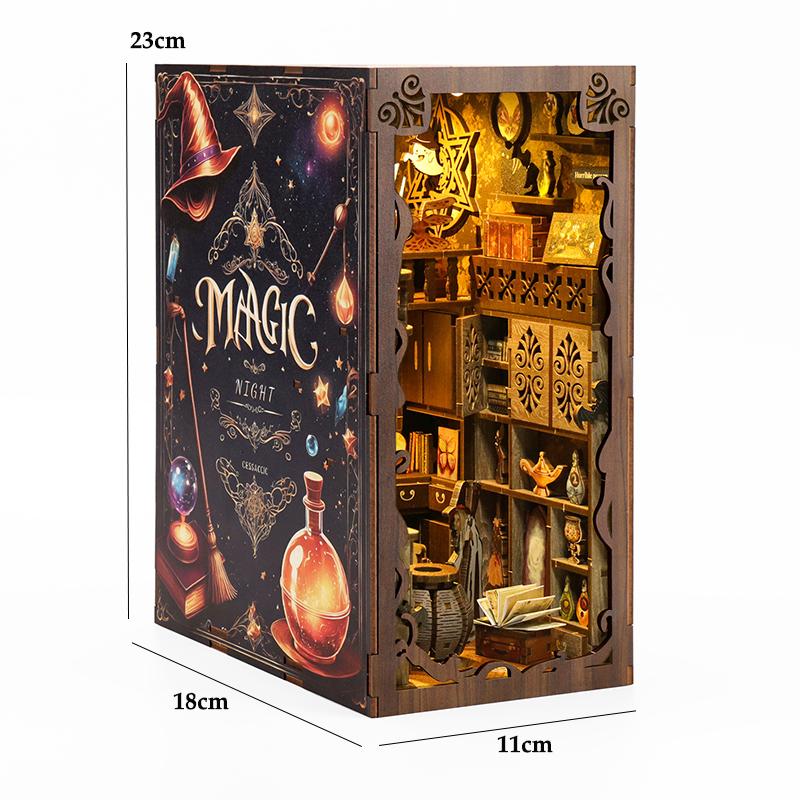 Drewniany Mini Domek dla Lalek DIY Zestaw Book Nook Model do Złożenia Puzzle 3D Podpórka do Książek Zabawki Dekoracja Wkładka na Półkę na Książki ze Światłem LED Prezenty Świąteczne