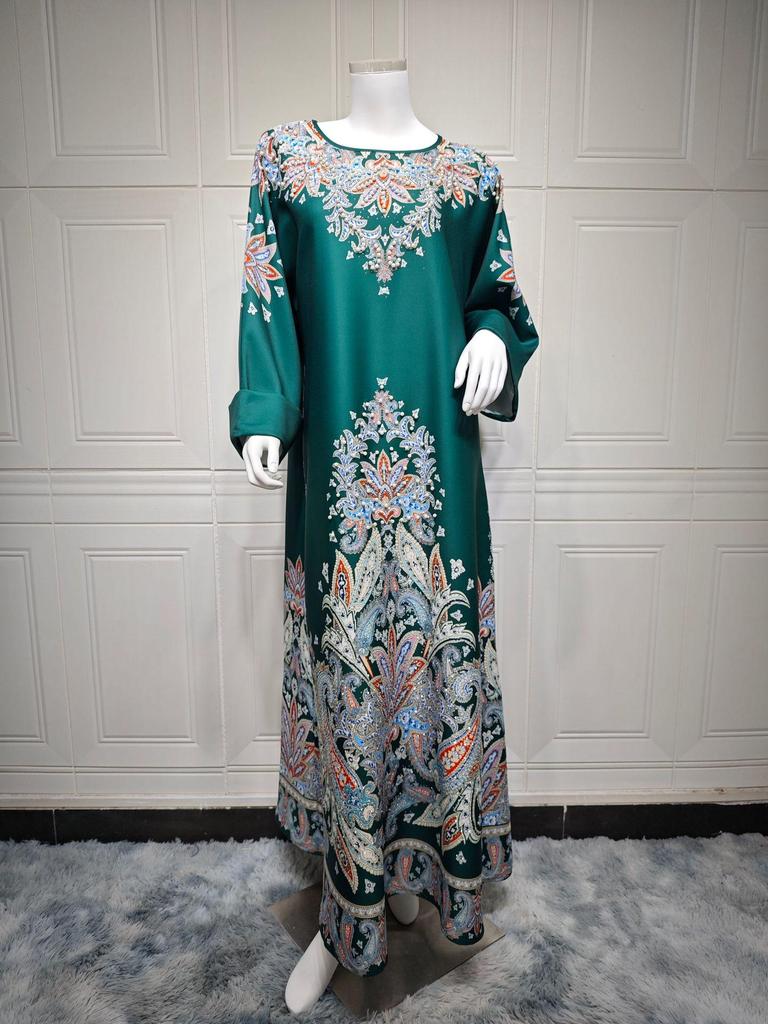 AB400 Muslim Fashion Floral Dress with Hot Drill Embellishments - Middle Eastern Style Robe for Women