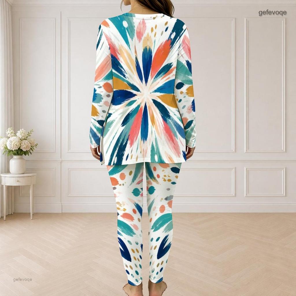 Women Plus Size Printed Half Zip Long Sleeve Longline Top And Fitted Pants Two Piece Set