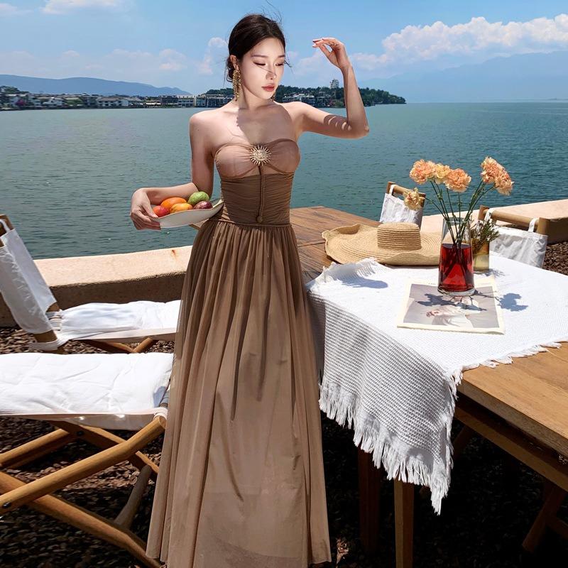 Greek Muse Temperament Sexy Tube Top Dress Women's Seaside Vacation Woven Rope Waist Slim Dress