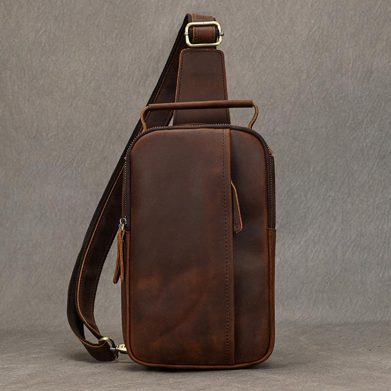 

Vintage Crazy Horse Cowhide Leather Chest Bag Retro Outdoor Crossbody Sling Shoulder Bag Casual Back Pack for Men Daily Use