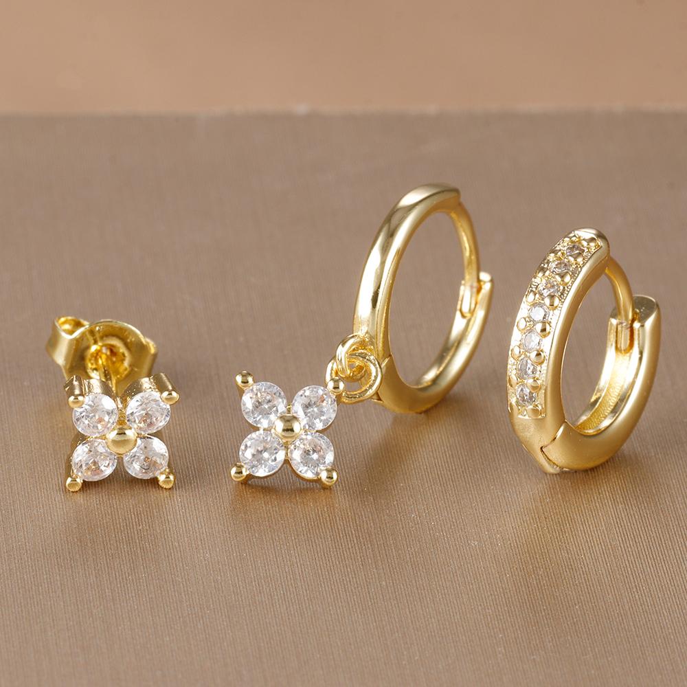 3PCS Korean Stainless Steel Sparkling Zircon Hoop Earrings Set For Women Geometric Cartilage Piercing Earring Fashion Jewelry