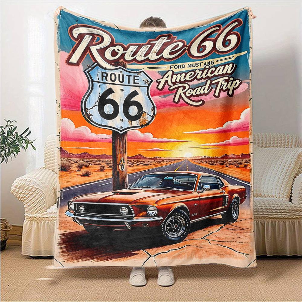 1pc Route 66 American Road Trip Soft Flannel All Season Throw for Home, Office, Outdoor UseDurable Comfort Soft Warm Throw for Home