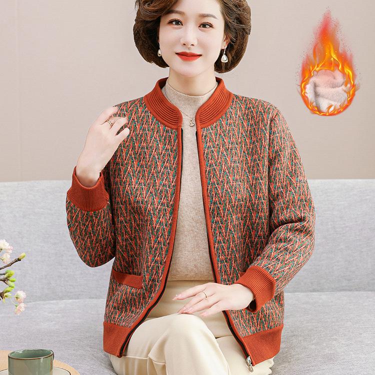 Omas Mantel Herbst Neuer Stil Älterer Pullover Weiblich Mutter Plus Samt Verdickt Alte Dame Gestreiftes Oberteil