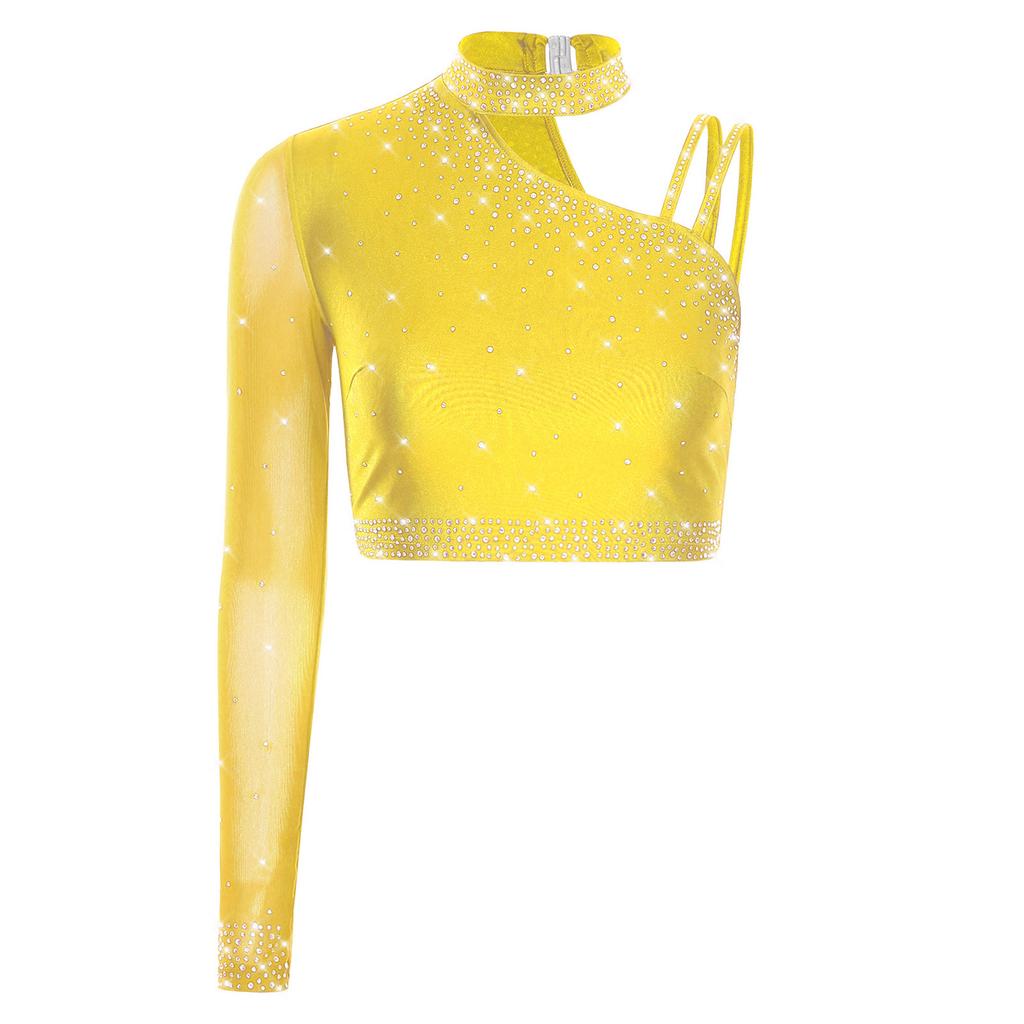 Womens Latin Dance Crop Top Single Long Sleeve Asymmetrical Shoulder Sparkly Rhinestone Top Belly Dancewear