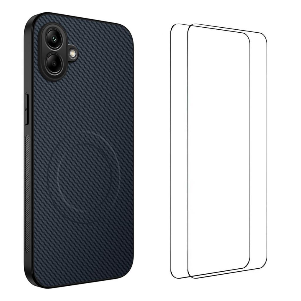 For Samsung Galaxy A06 5G Magnetic Case WANLONFENG TQ1 Series Carbon Fiber Texture PC TPU Phone Cover with 2Pcs Screen Films