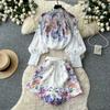 Summer Autumn New Arrival Flower Print Two Piece Pants Sets Women's Lantern Sleeve Blouse Tops and High-Waisted Wide-Leg Shorts Sets