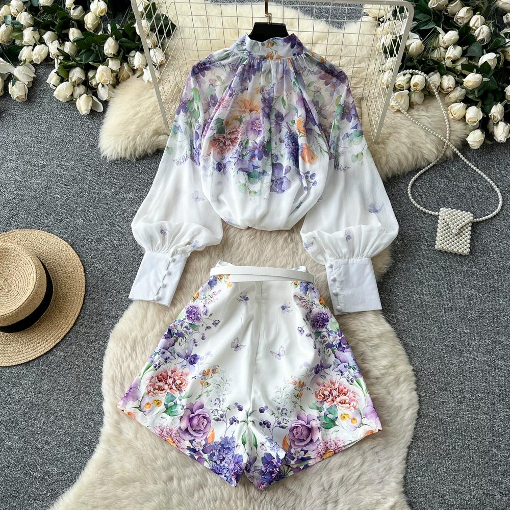 Summer Autumn New Arrival Flower Print Two Piece Pants Sets Women's Lantern Sleeve Blouse Tops and High-Waisted Wide-Leg Shorts Sets