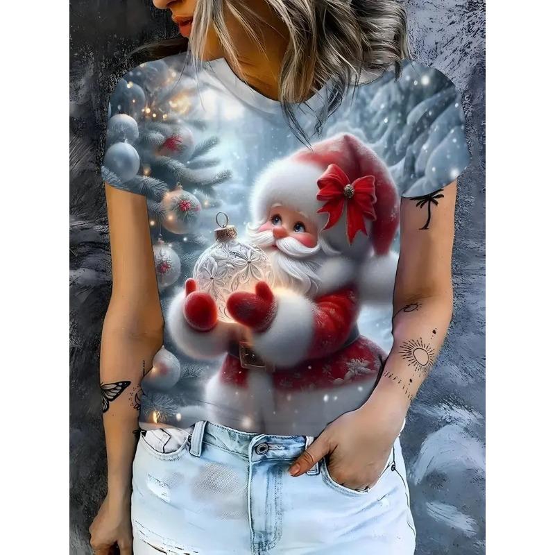 Christmas Gradient Reindeer 3D Print Pattern Women's T-shirt Fashion Christmas Party Round Neck Casual Holiday T-shirt Clothing