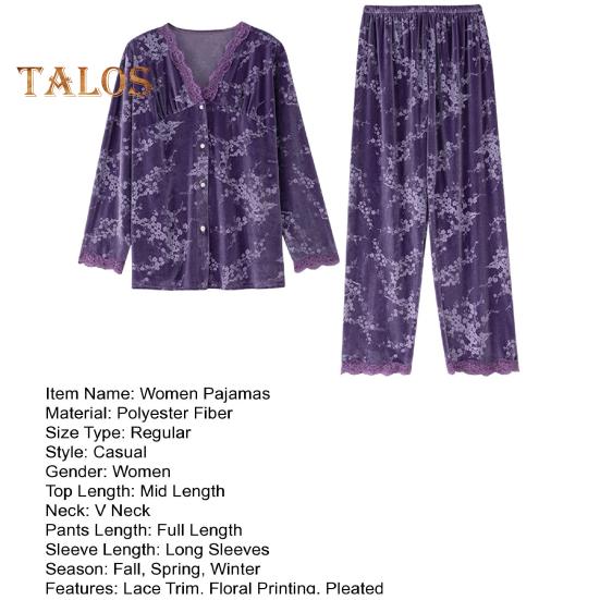 2 шт./комплект осень-зима женская пижама костюм кружевная отделка V-образный вырез принт — фото 11