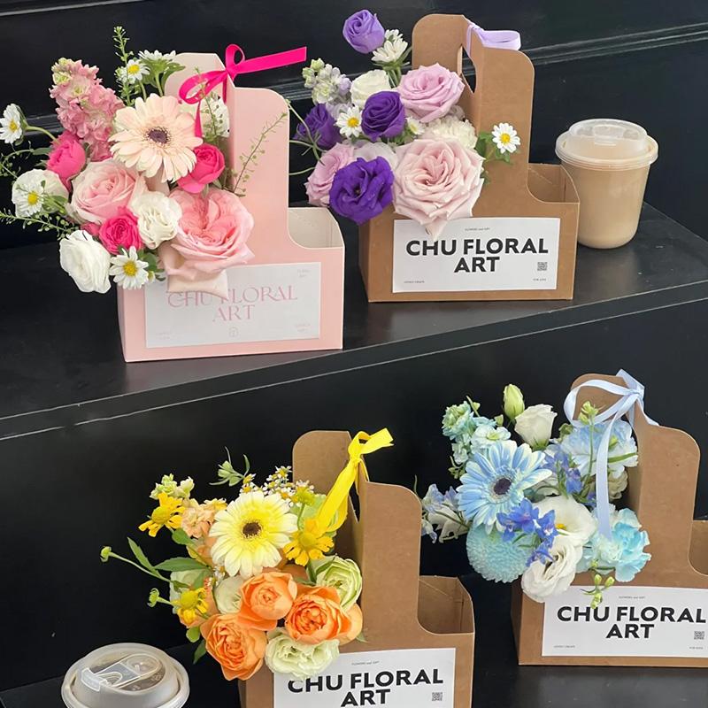 5/10pcs Kraft Paper Flower Bouquet Bags Portable Drink Coffee Take Out Holders Wedding Birthday Party Christmas Gift Packing Box