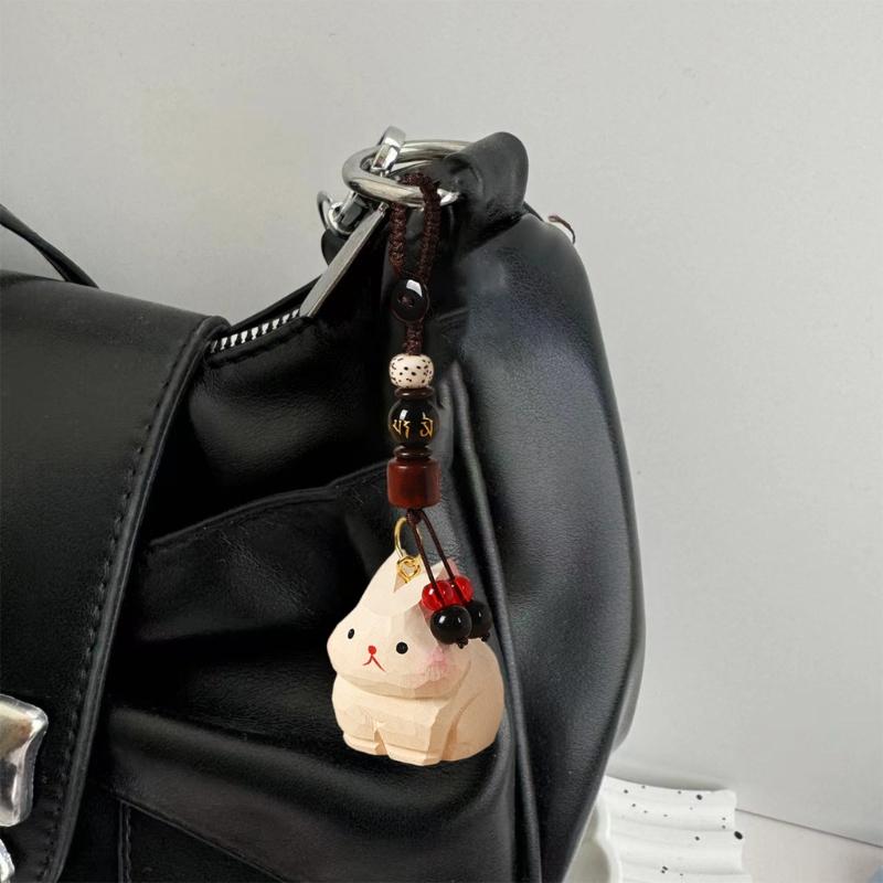 Hand Carved Wooden Rabbit Keychain Lightweight Portable Design Car Keyring Cartoon Animal Bag Hanging Accessory