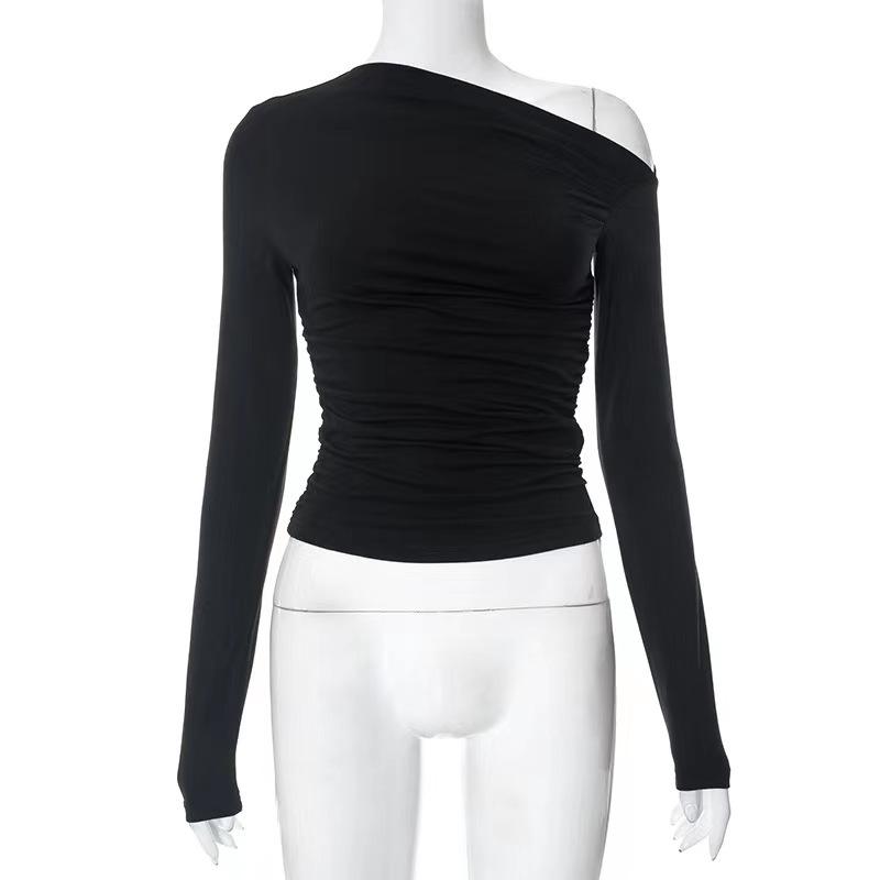 YYFS Moda Donna Casual Primavera Autunno Tinta Unita Stampa Manica Lunga Scollo Obliquo Bluse e Camicie