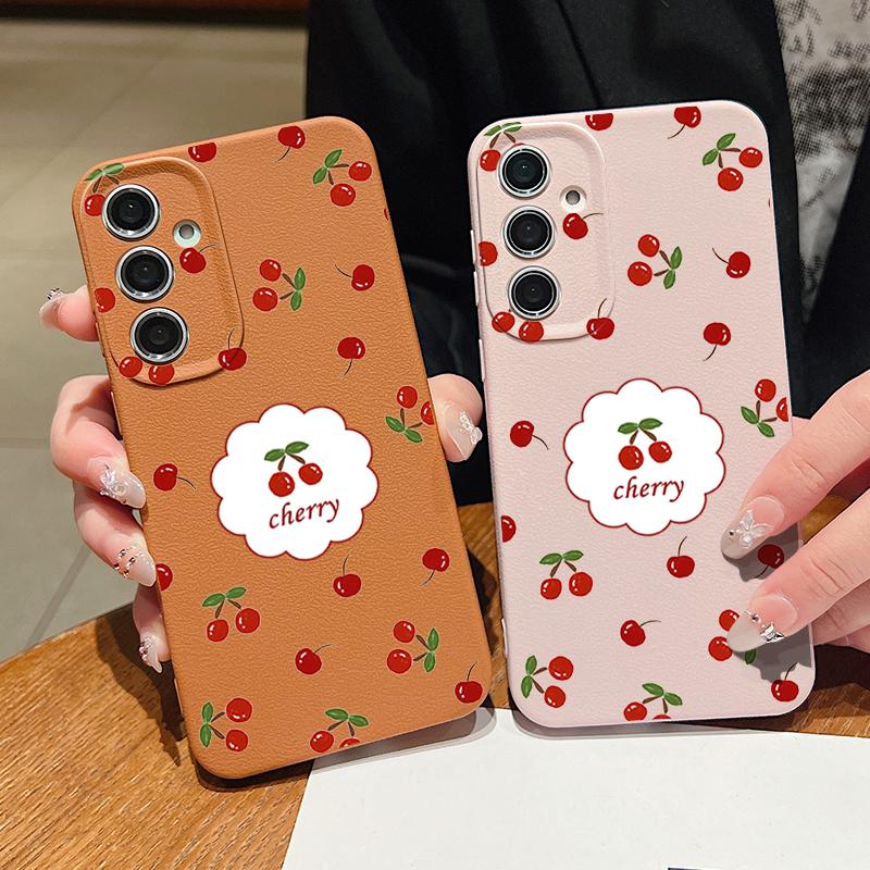 Cute Cherry Print Matte TPU Leather Texture Phone Case For Samsung S25 Ultra S24 FE S23 S22 S21 A56 A36 A16 A55 A35 A26 A15 Shockproof Soft Slim Cover