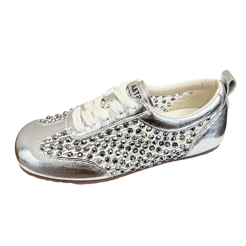 Fashion Breathable Mesh Women's 2025 Summer New Flat German Training Shoes Lace-up Diamond-encrusted Hollow Sandals